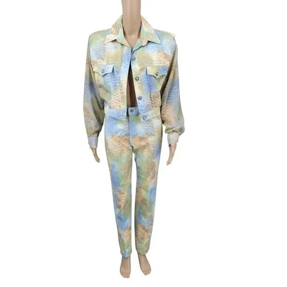 Opal Vintage Denim Abstract Snakeskin Colorful Denim Jacket & Jeans Matching Set - Picture 2 of 16